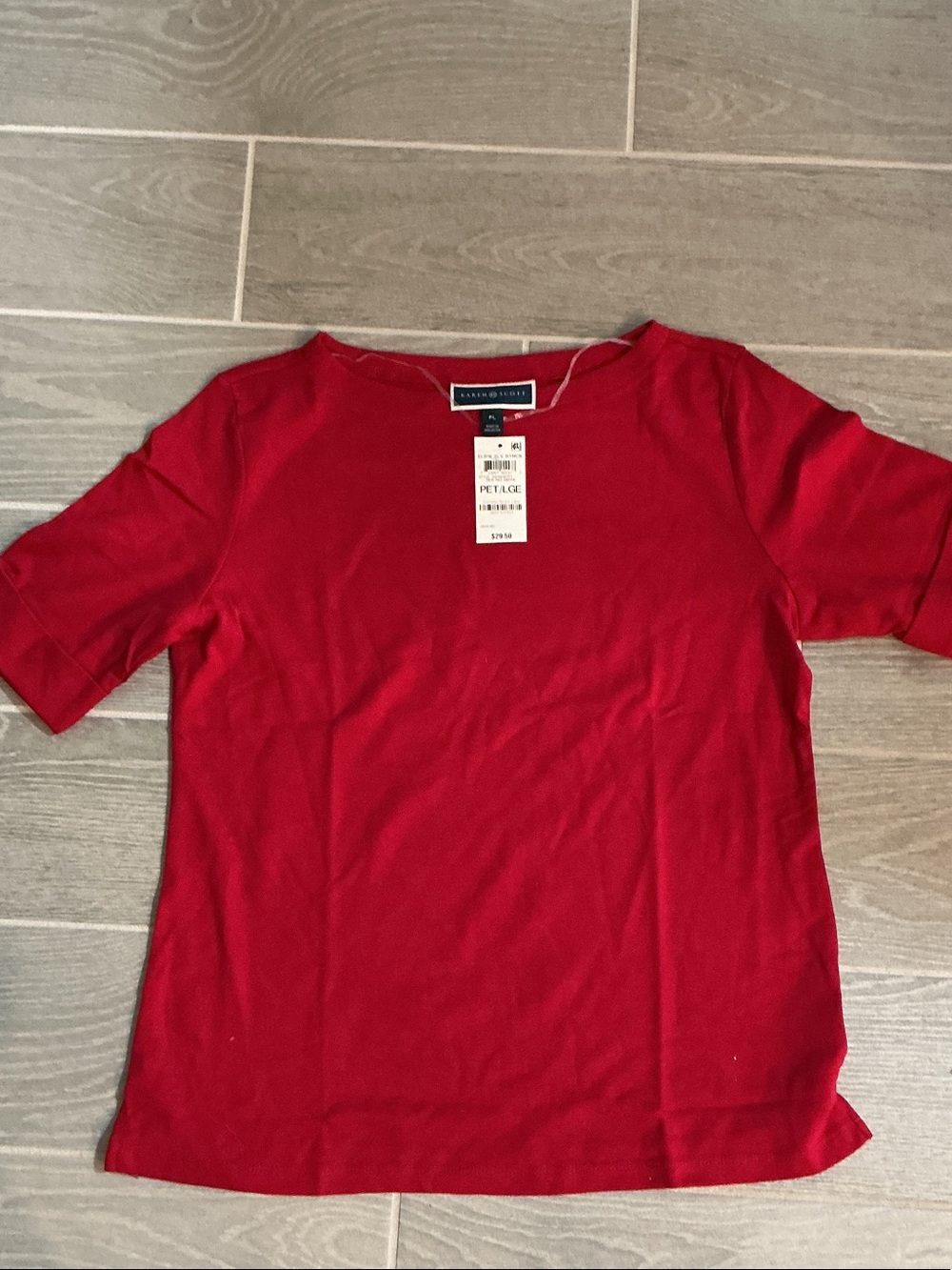 Karen Scott Red Cuffed Sleeve Boat-Neck Tee Women’s Sz Petite Large NWT